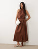 linen look halter neck bubble hem maxi dress in chocolate