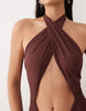 Oh Polly cross over halterneck cut out detail mesh skirt maxi dress in chocolate