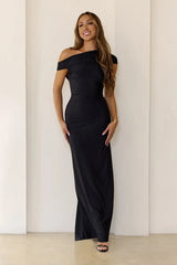 Sultry Draped One Shoulder Maxi Dress Black