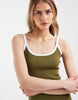rib knit midi dress in khaki green with white contrast trim