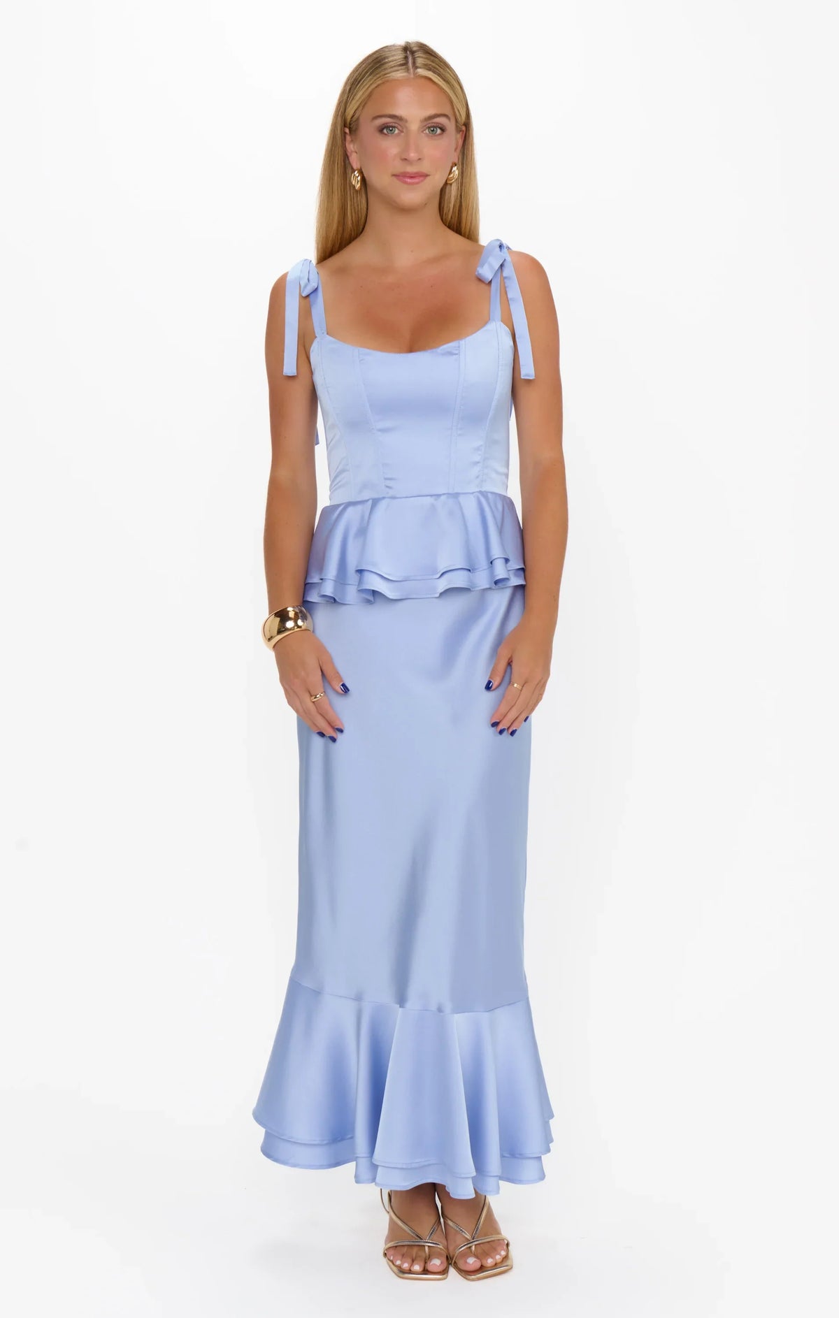 Pauline Peplum Dress ~ Borrowed Blue Luxe Satin
