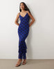 Kaiia exclusive slinky mesh strappy tiered ruffle hem maxi dress in blue and black polka dot