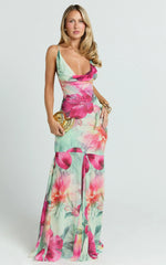 Edwina Maxi Dress - Georgette Cowl Neck Sheer Skirt Dress in Abstract Floral