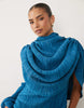 plisse asymmetric cape sleeve mini dress in blue teal
