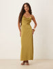 Vila satin cowl neck maxi dress in olive green