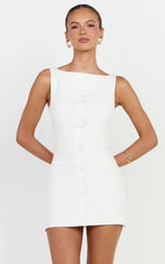 Adela Mini Dress - Mock Button Thru Boat Neck Dress in White