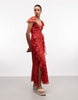 Reclaimed Vintage midaxi dress with godet ruffles and slits in red floral print