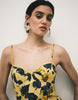 cotton sateen cami maxi sundress with bust detailing in yellow print