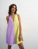 Topshop poplin halter neck deep hem trapeze mini dress in lilac and lime color block