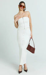 Sahara Top - Strapless Denim Front Double Zip Top in Ecru