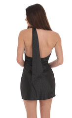 Leopard Jacquard Scarf Halter Dress in Black