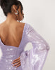 sequin waterfall sleeve mini dress in lilac