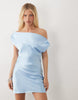 satin one shoulder drape mini dress in light blue