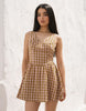waisted V-neck mini sundress with seaming details in brown and pink check