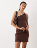 structured rib knit one shoulder mini dress in chocolate