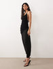 Gina Tricot halterneck asymmetric textured maxi dress with open back in black