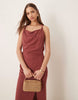 linen twist shoulder detail midi dress with ruching in apple butter