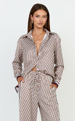 Noelle Top - Geo Border Print Button Front Long Sleeve Shirt in Multi