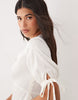 YAS v neck lace trim romantic satin midi dress with tie sleeve details in white
