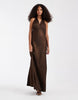 PIECES halterneck satin shimmer maxi dress in chocolate brown