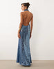 embellished sheer sequin halter maxi dress in blue