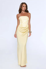 Dressed To Dazzle Strapless Satin Maxi Dress Yellow