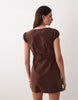scoop neck button down mini dress with cap sleeve in chocolate twill