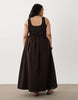 Curve scoop ribbed bodice with poplin skirt midi dress in chocolate