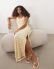 textured scoop neck midi dress with open back in yellow stripes