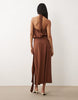 linen look halter neck bubble hem maxi dress in chocolate