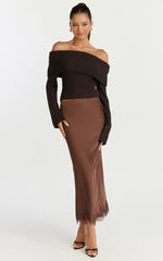 Darcie Top - Off Shoulder Long Sleeve Knitted Top in Chocolate