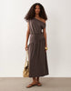 fallen shoulder asymmetric cinched waist midi dress in chocolate
