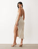 crinkle satin scoop neck cami midi dress with floral embellishment in silver