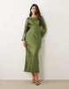 TFNC satin flared long sleeve maxi dress in olive