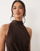 plisse contrast draped halter neck maxi dress in rum raisin