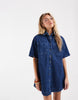 denim boxy shirt dress with pocket detail in dark mid blue