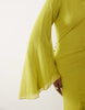long sleeve high neck maxi dress with ruffle godets and flute sleeves in olive green