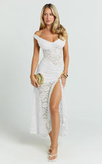 Tatum Midi Dress - Lace Off Shoulder Side Split Dress in Off White