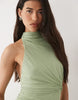mesh twisted bust detail halter maxi dress with tie back neck in sage green