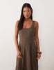 VILA Petite square neck linen-touch midi dress in brown