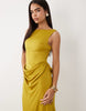 satin high neck drape skirt maxi dress in golden olive