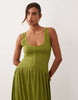 crinkle button up midi dress in olive