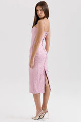 pink jacquard lace up bodycon midi dress