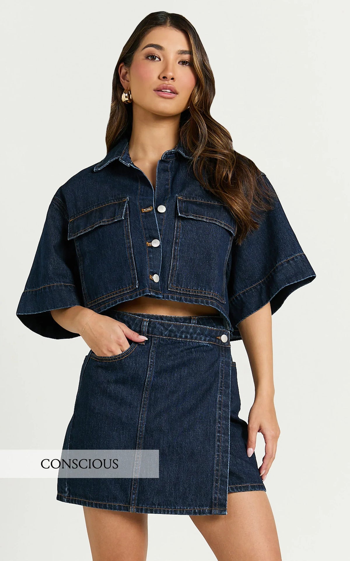 Katherine Top - Crop Button Down Collared Recycled Denim Short Sleeve Top in Dark Blue Wash
