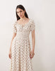 Esmée puff sleeve tie front maxi beach dress in cream & brown polka dot