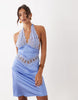 Lioness Solana satin sheer lace panel detail halterneck awkward length dress in baby blue