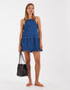 peplum hem mini smock dress in mid blue denim