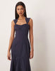structured cotton dropped waist midaxi dress with tie back in navy