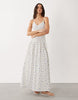 Esmée shirred drop waist maxi beach dress in blue ditsy floral