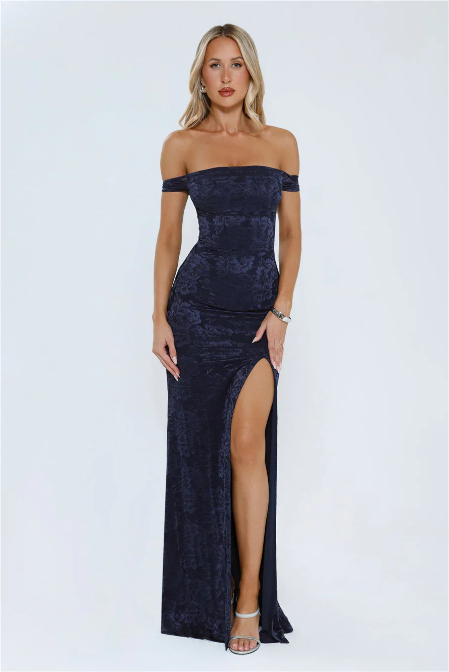 Night Bloom Off Shoulder Maxi Dress Navy